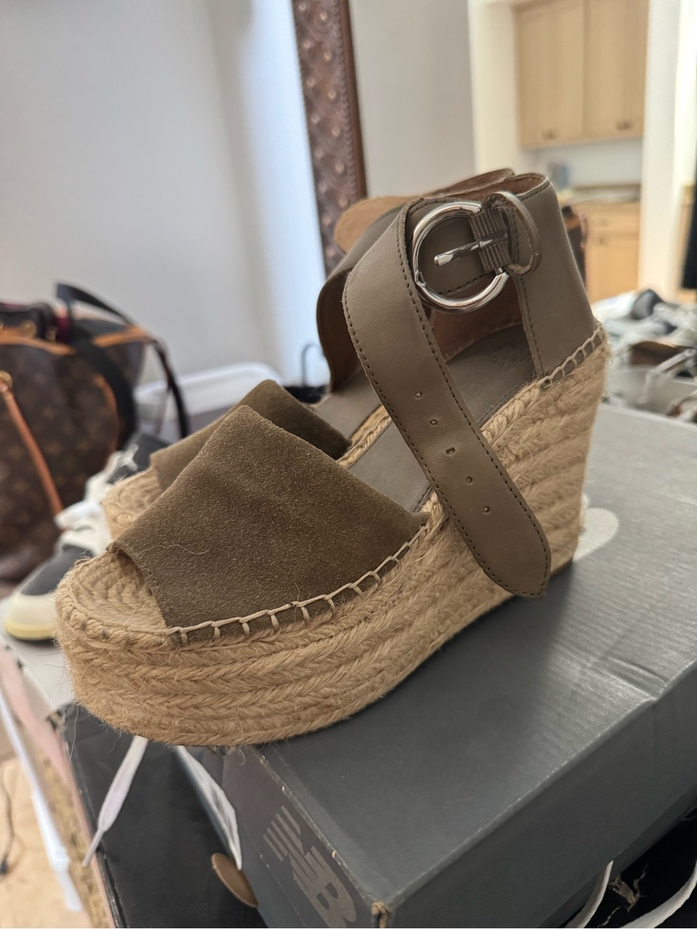 Women’s Olive Suede Espadrille Wedge Sandals with Ankle Strap